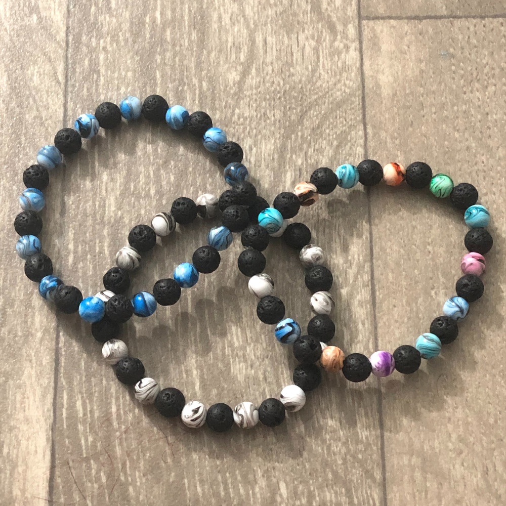 Men's Handmade Lava Bead & Colorful Marble Stretch Bracelet set of 3